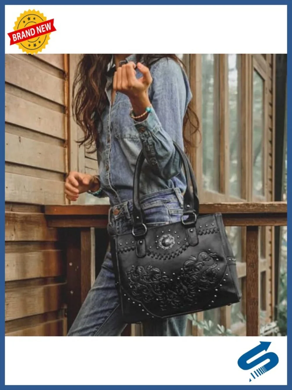 Vintage Embossed Concho Studs Tote Bag Faux Leather Top Handle Shoulder Handbag